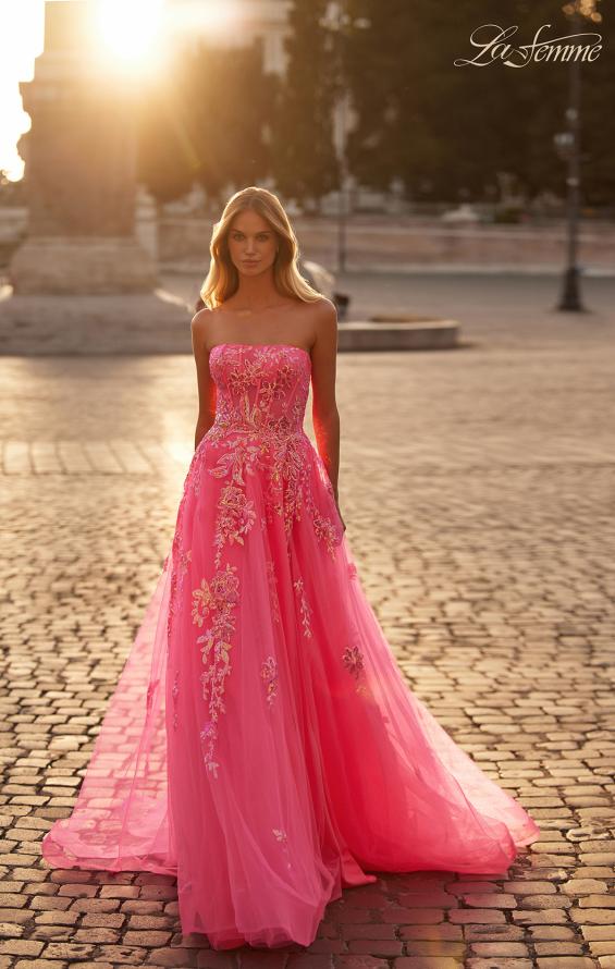 Picture of: Strapless Tulle A-Line Dress with Sequin Floral Applique in Neon Pink, Style: 32137, Detail Picture 3
