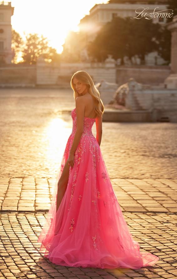 Picture of: Strapless Tulle A-Line Dress with Sequin Floral Applique in Neon Pink, Style: 32137, Detail Picture 4