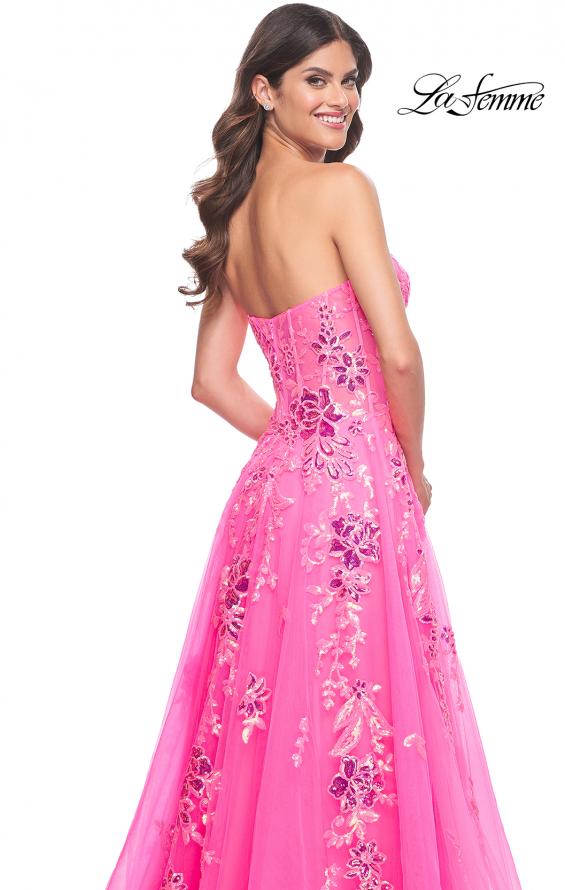 Picture of: Strapless Tulle A-Line Dress with Sequin Floral Applique in Neon Pink, Style: 32137, Detail Picture 6