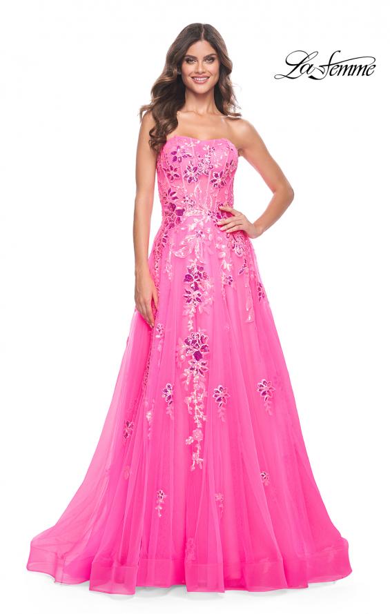 Picture of: Strapless Tulle A-Line Dress with Sequin Floral Applique in Neon Pink, Style: 32137, Detail Picture 7
