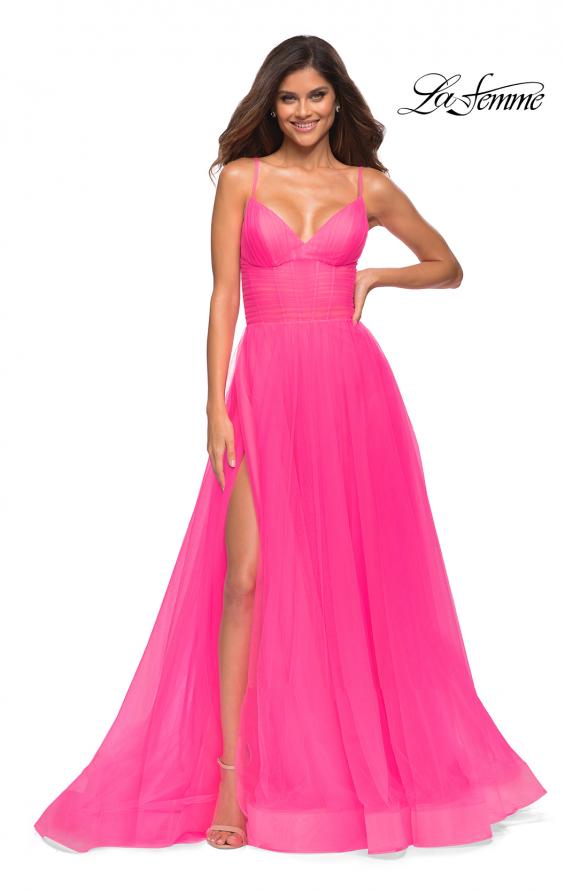 Picture of: Neon Pink Tulle A-line Prom Dress with Corset Sheer Bodice in Neon Pink, Main Picture