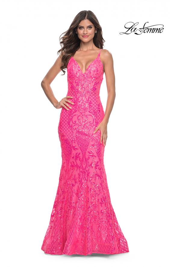 Picture of: Neon Mermaid Print Sequin Dress with Lace Up Open Back in Neon Pink, Style: 32337, Main Picture