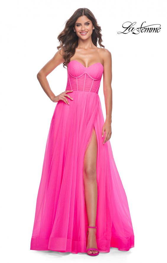 Picture of: Neon Strapless Sweetheart A-Line Corset Prom Dress in Neon Pink, Style: 32341, Main Picture