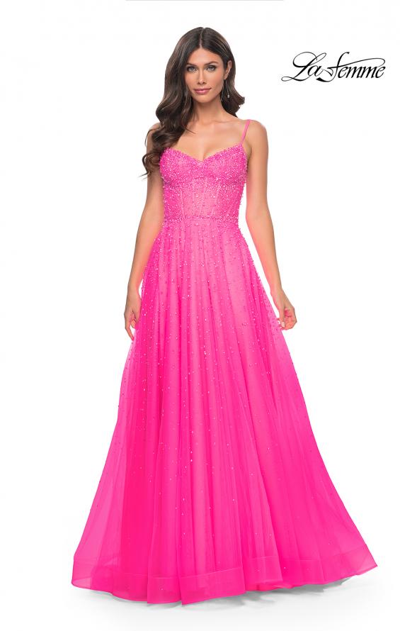 Picture of: Rhinestone A-Line Tulle Prom Dress with Illusion Bodice in Pink, Style: 32146, Detail Picture 13