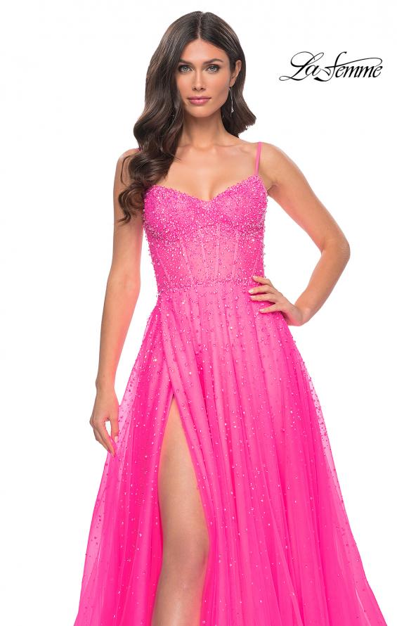 Picture of: Rhinestone A-Line Tulle Prom Dress with Illusion Bodice in Pink, Style: 32146, Detail Picture 14