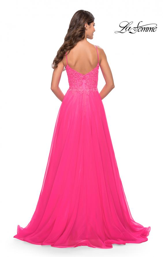 Picture of: A-line Gown with Sheer Floral Embellished Bodice in Neon Pink in Neon Pink, Style: 31506, Back Picture