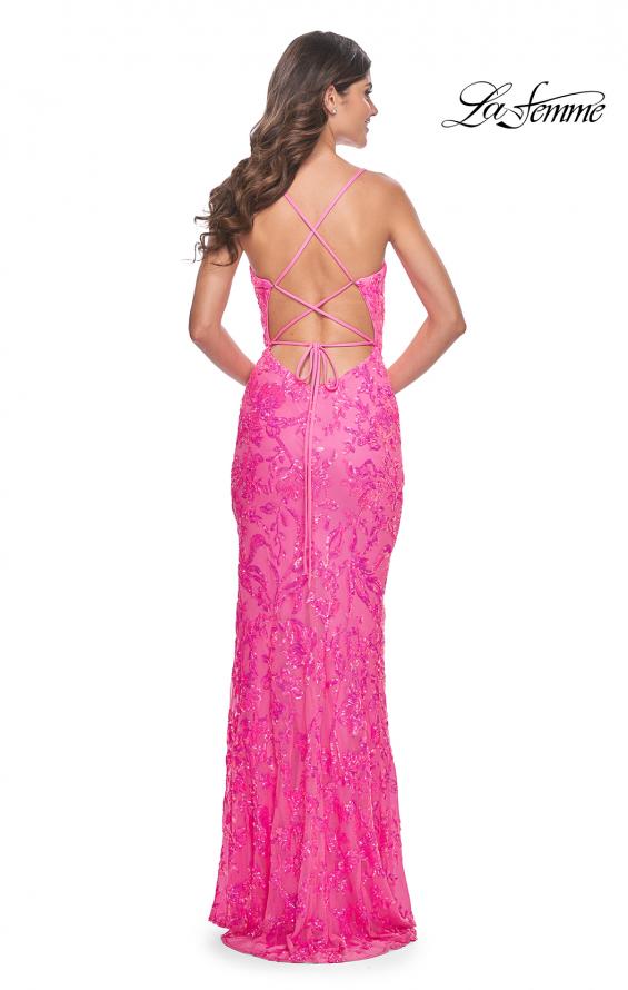Picture of: Neon Print Sequin Long Prom Dress with Lace Up Back in Neon Pink, Style: 32332, Back Picture