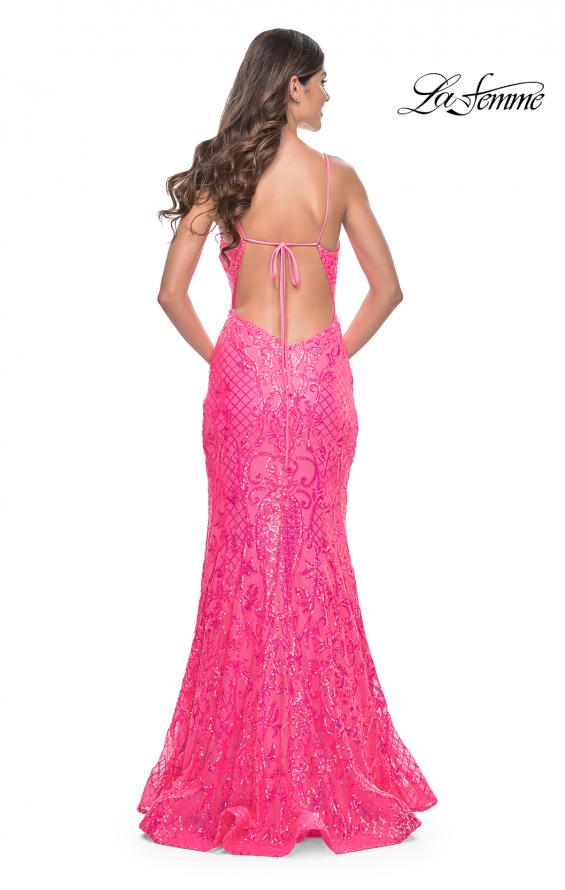 Picture of: Neon Mermaid Print Sequin Dress with Lace Up Open Back in Neon Pink, Style: 32337, Back Picture