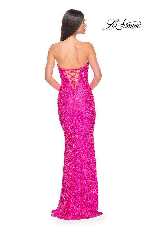 Picture of: Neon Rhinestone Embellished Jersey Dress with Strapless Sweetheart Top in Neon Pink, Style: 32436, Back Picture