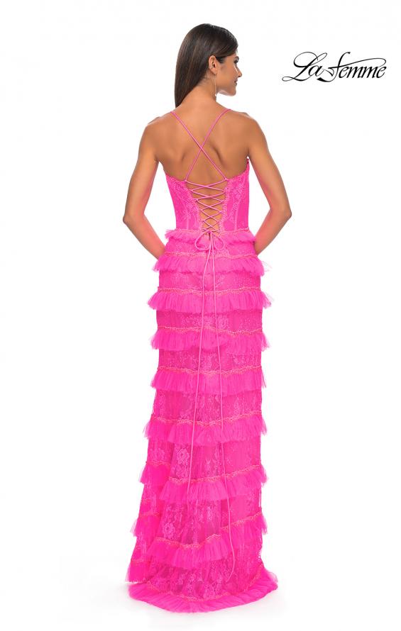 Picture of: Fitted Ruffle Skirt Lace Dress with Illusion Bodice in Neon Pink, Style: 32442, Back Picture