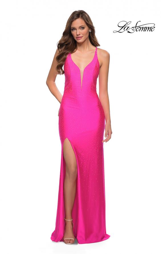 Picture of: Neon Prom Gown with Rhinestone Fabric and Deep V in Neon Pink, Style 29969, Detail Picture 1