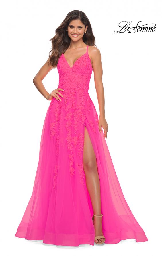 Picture of: Tulle Prom Dress with Lace Detail in Neon Pink in Neon Pink, Detail Picture 1