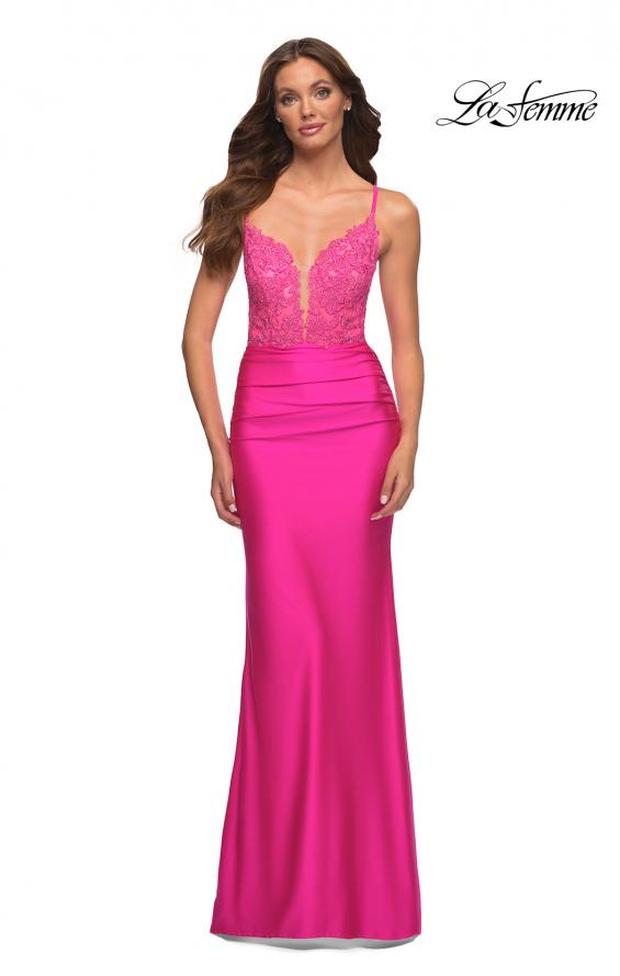 Picture of: Neon Prom Dress with Beautiful Lace Bodice and Jersey Skirt in Pink, Style: 30606, Detail Picture 1