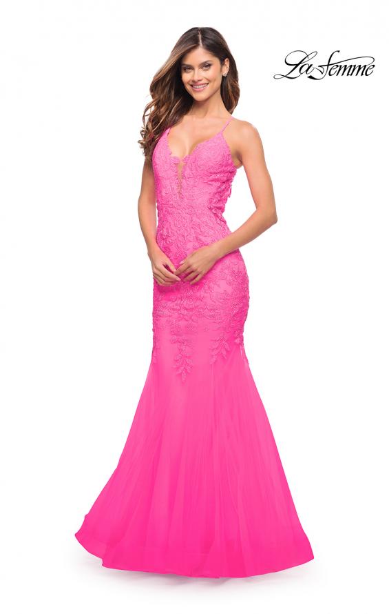 Picture of: Mermaid Tulle and Lace Jeweled Prom Dress in Neon Pink in Neon Pink, Style: 30692, Detail Picture 1