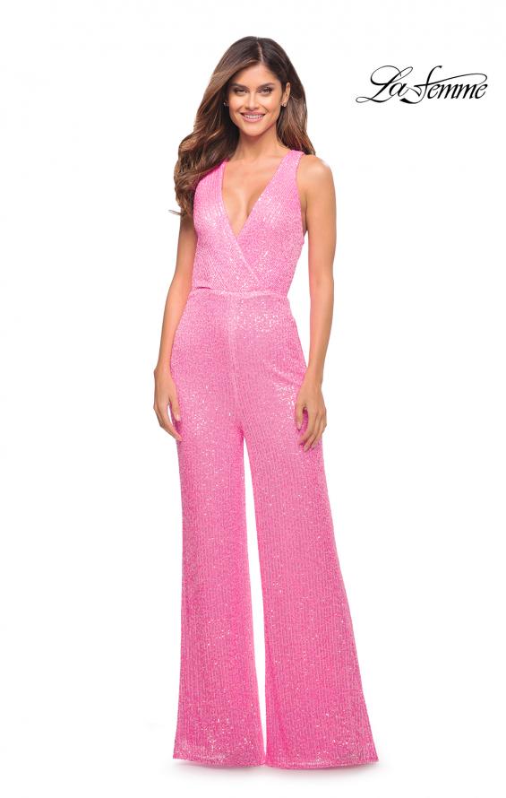 Picture of: Neon Pink Sequin Jumpsuit with Criss Cross Back in Neon Pink, Style: 30811, Detail Picture 1