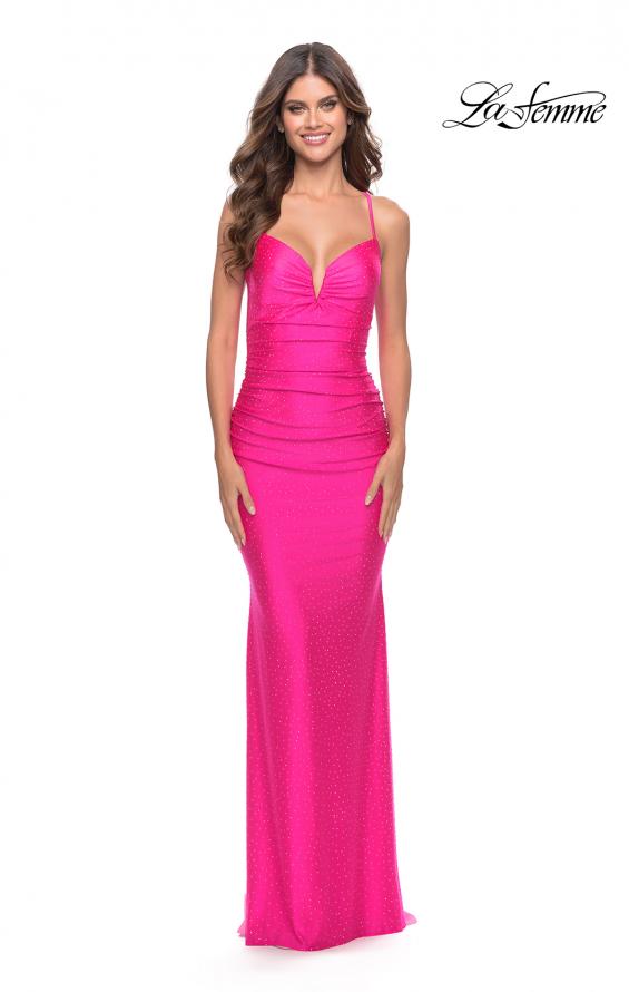 Picture of: Rhinestone Ruched Jersey Prom Dress with Lace Up Back in Bright Colors in Neon Pink, Style: 31237, Detail Picture 1