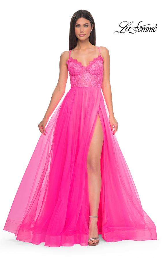 Picture of: Tulle Dress with Full Skirt and Sheer Lace Bodice in Neon Pink, Style: 32306, Detail Picture 1