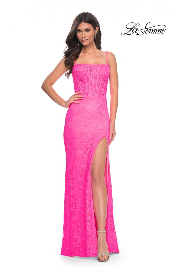 Picture of: Stretch Lace Prom Dress with Boning Detail on Bodice in Pink, Style: 32423, Detail Picture 1