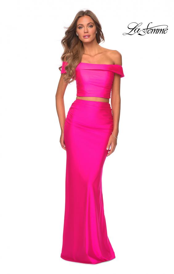 Picture of: Neon Two Piece Prom Dress with Off the Shoulder Top in Neon Pink, Style: 29146, Detail Picture 2