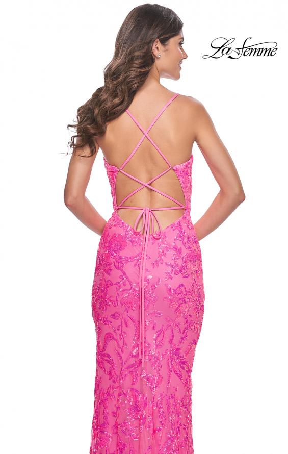 Picture of: Neon Print Sequin Long Prom Dress with Lace Up Back in Neon Pink, Style: 32332, Detail Picture 2