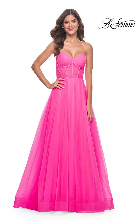 Picture of: Neon Strapless Sweetheart A-Line Corset Prom Dress in Neon Pink, Style: 32341, Detail Picture 3