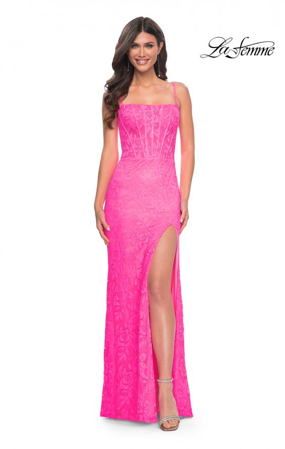 Picture of: Stretch Lace Prom Dress with Boning Detail on Bodice in Pink, Style: 32423, Detail Picture 3