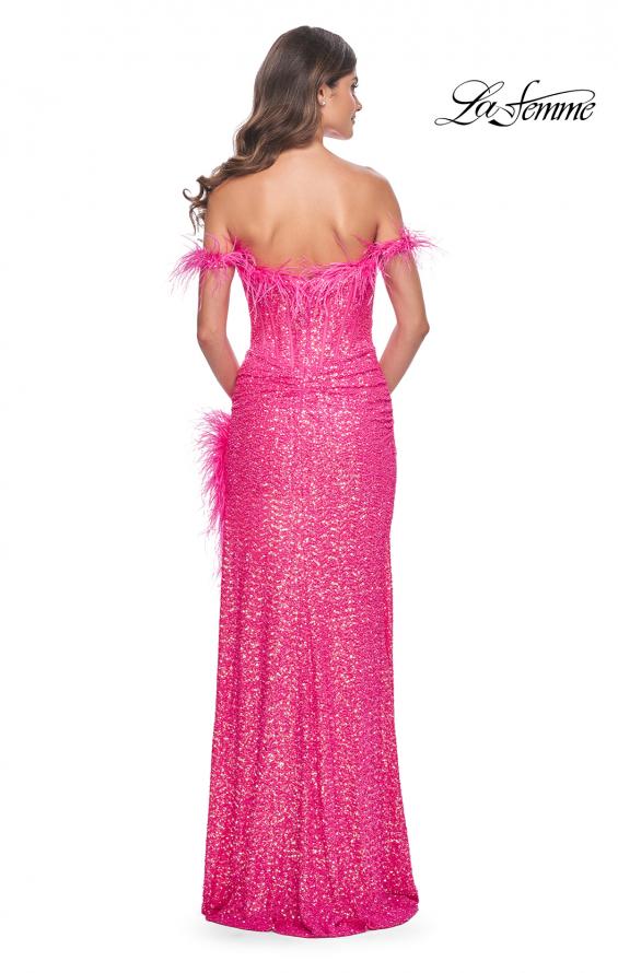Picture of: Sequin Bustier Dress with Off the Shoulder Feather Lined Top and Slit in Neon Pink, Style: 32150, Detail Picture 4