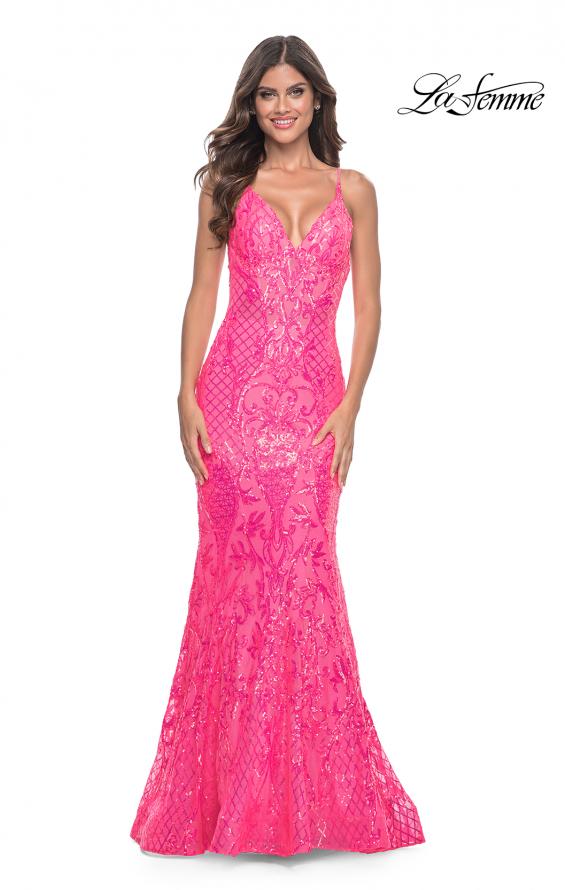 Picture of: Neon Mermaid Print Sequin Dress with Lace Up Open Back in Neon Pink, Style: 32337, Detail Picture 4