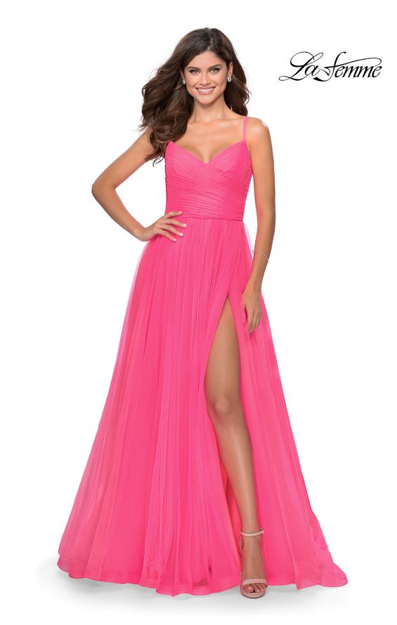 Picture of: Long Tulle Pleated Bodice Prom Gown with Pockets in Neon Pink, Style: 28123, Detail Picture 5