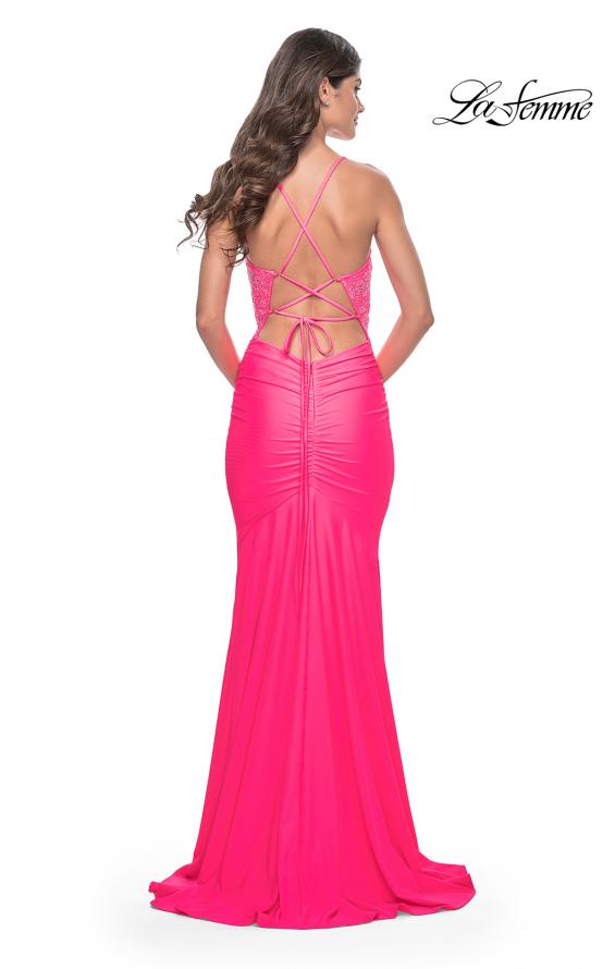 Picture of: Fitted Jersey Prom Dress with Rhinestone Beaded Illusion Bodice in Neon Pink, Style: 32054, Detail Picture 5