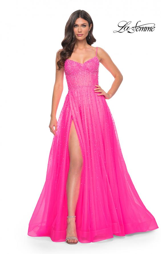 Picture of: Rhinestone A-Line Tulle Prom Dress with Illusion Bodice in Pink, Style: 32146, Detail Picture 5