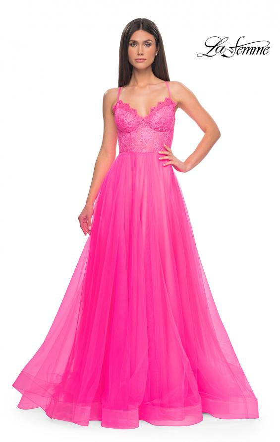 Picture of: Tulle Dress with Full Skirt and Sheer Lace Bodice in Neon Pink, Style: 32306, Detail Picture 5