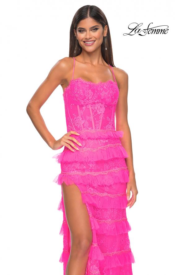 Picture of: Fitted Ruffle Skirt Lace Dress with Illusion Bodice in Neon Pink, Style: 32442, Detail Picture 5