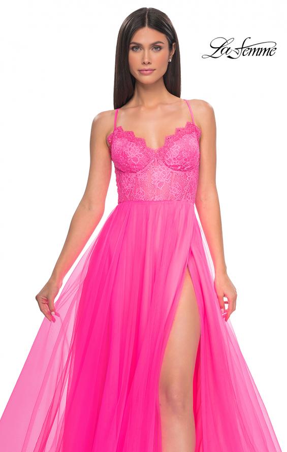 Picture of: Tulle Dress with Full Skirt and Sheer Lace Bodice in Neon Pink, Style: 32306, Detail Picture 6