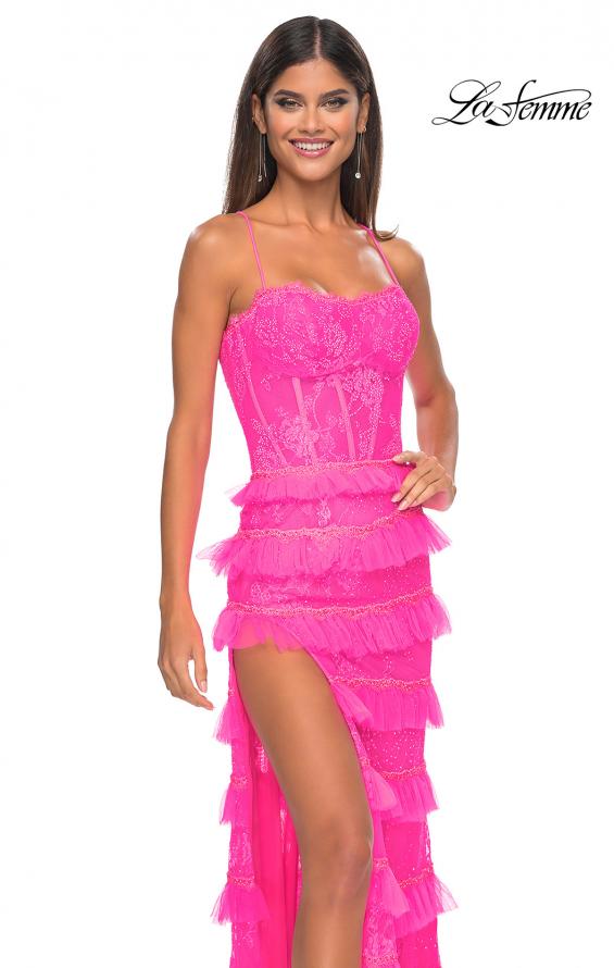 Picture of: Fitted Ruffle Skirt Lace Dress with Illusion Bodice in Neon Pink, Style: 32442, Detail Picture 6