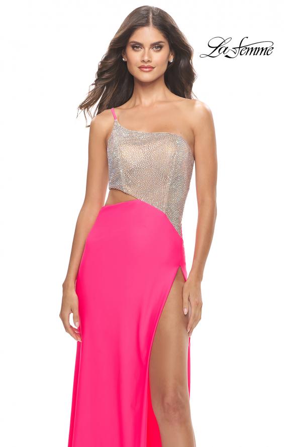 Picture of: One Shoulder Dress with Side Cut Out and Rhinestone Bodice in Neon Pink, Style: 31600, Detail Picture 7