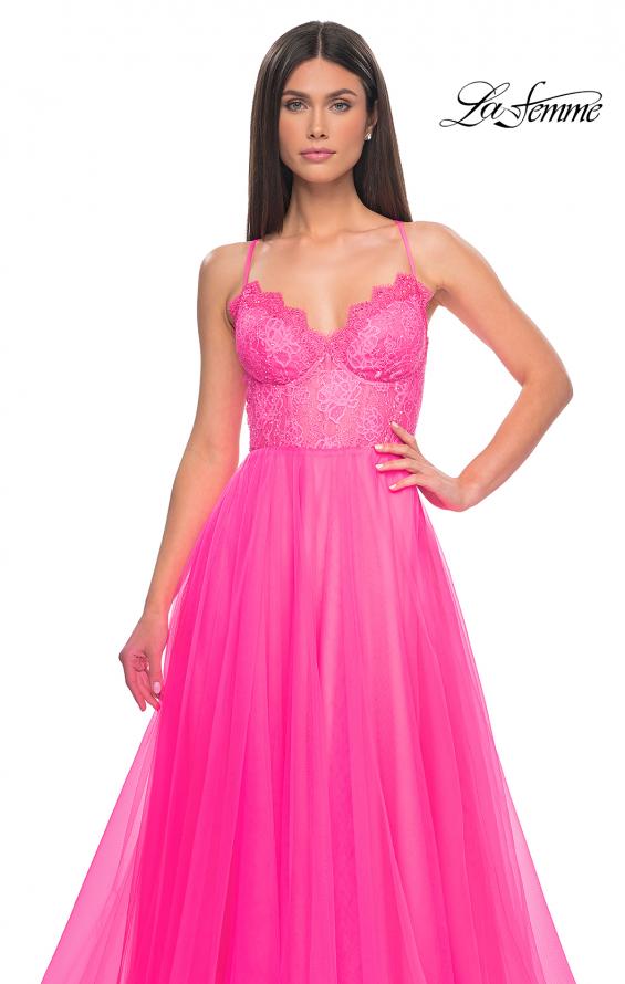 Picture of: Tulle Dress with Full Skirt and Sheer Lace Bodice in Neon Pink, Style: 32306, Detail Picture 7
