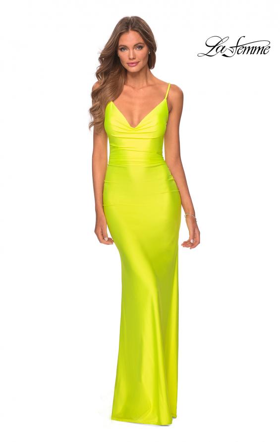 Picture of: Ruched Neon Prom Dress with Criss Cross Tie Back in Neon Yellow, Style: 29010, Detail Picture 3