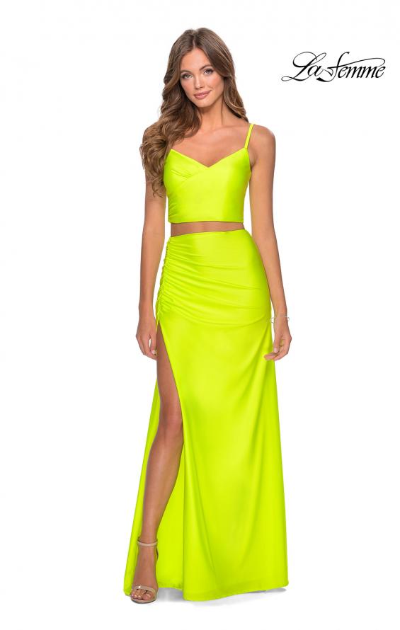 Picture of: Two Piece Long Prom Dress with Ruched Detailing in Neon Yellow, Style: 28472, Detail Picture 4
