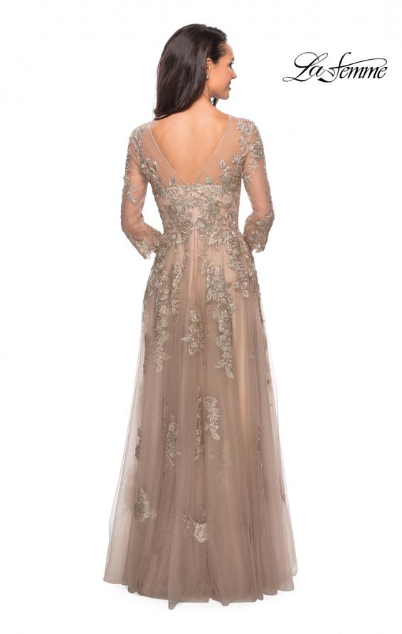 Picture of: Long Lace Dress with Sheer Three Quarter Sleeves in Nude, Style: 27733, Back Picture