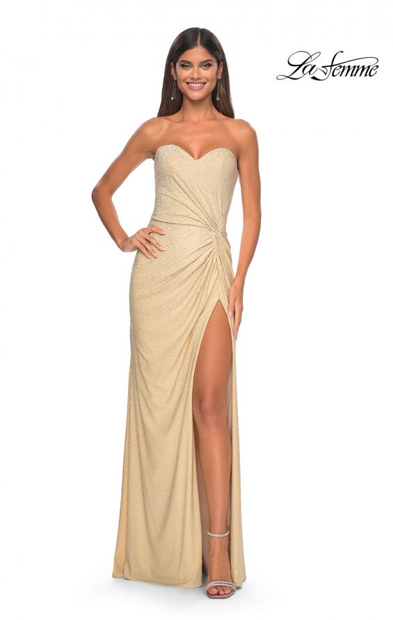 Picture of: Strapless Fitted Rhinestone Embellished Gown with Knot Detail in Nude, Style: 32175, Detail Picture 8