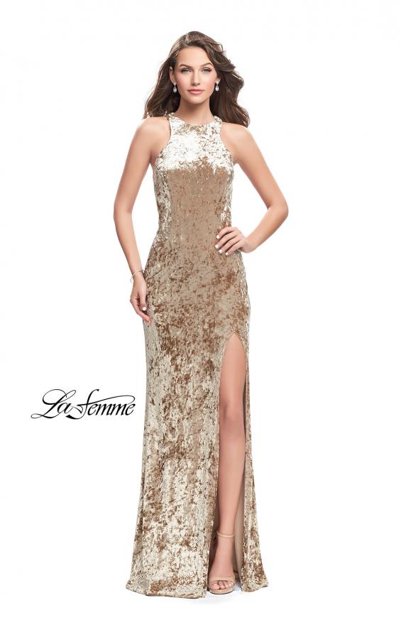 Picture of: Crushed Velvet Prom Dress with High Neckline and Leg Slit in Nude, Style: 25734, Detail Picture 1