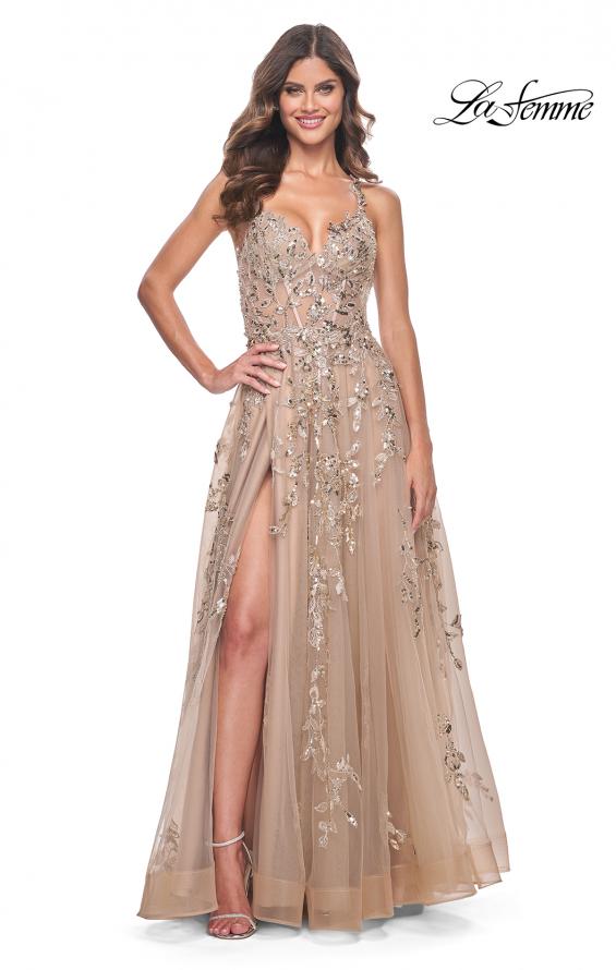 Picture of: Gorgeous Sequin Beaded Floral A-Line Tulle Dress in Nude, Style: 32052, Detail Picture 1