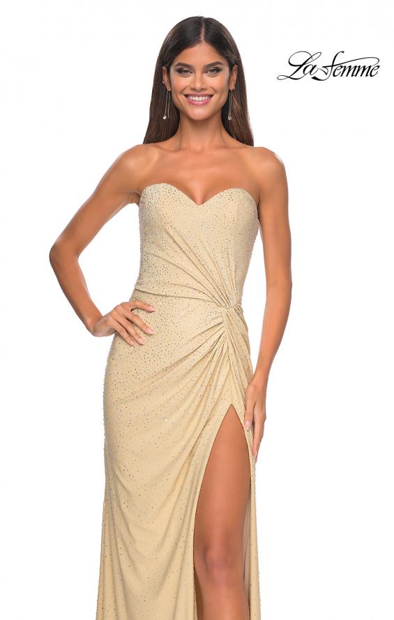 Picture of: Strapless Fitted Rhinestone Embellished Gown with Knot Detail in Nude, Style: 32175, Detail Picture 2
