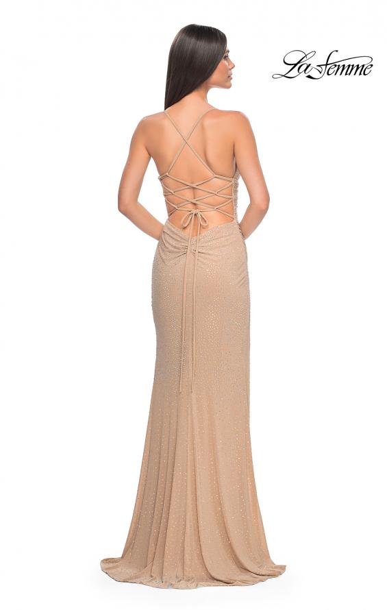 Picture of: Ruched Rhinestone Net Jersey Dress with Lace Up Open Back in Nude, Style: 32318, Detail Picture 2