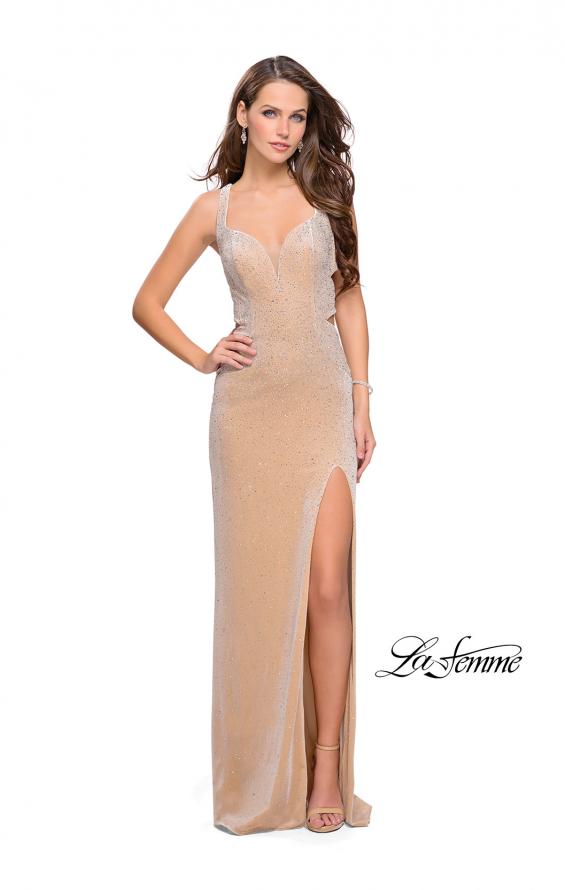 Picture of: Velvet Prom Dress Covered in Rhinestones with Side Cut Outs in Nude, Style: 25266, Detail Picture 3