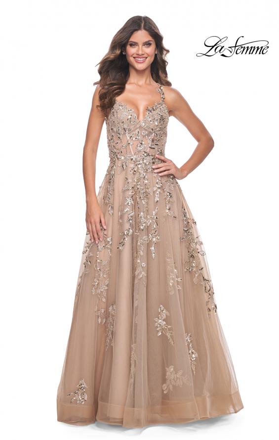 Picture of: Gorgeous Sequin Beaded Floral A-Line Tulle Dress in Nude, Style: 32052, Detail Picture 3
