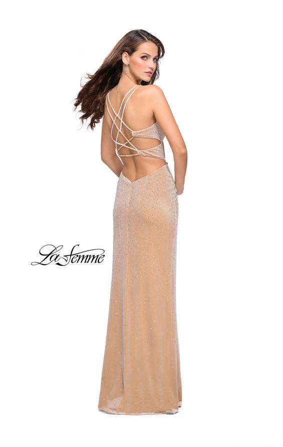 Picture of: Velvet Prom Dress Covered in Rhinestones with Side Cut Outs in Nude, Style: 25266, Detail Picture 4