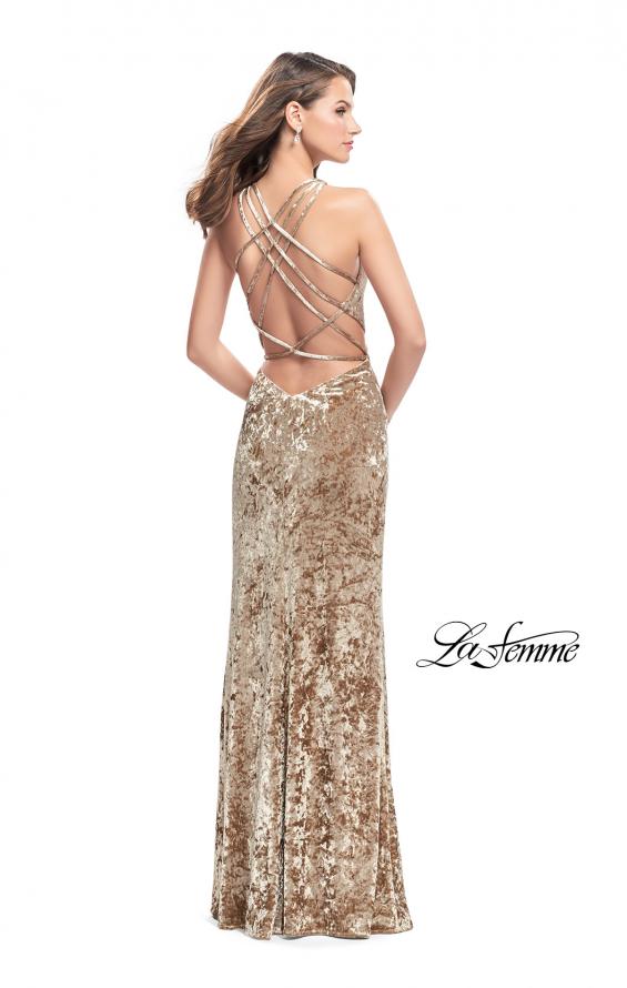 Picture of: Crushed Velvet Prom Dress with High Neckline and Leg Slit in Nude, Style: 25734, Detail Picture 2