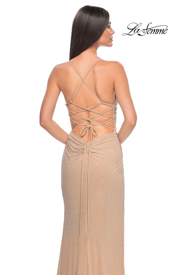 Picture of: Ruched Rhinestone Net Jersey Dress with Lace Up Open Back in Nude, Style: 32318, Detail Picture 7
